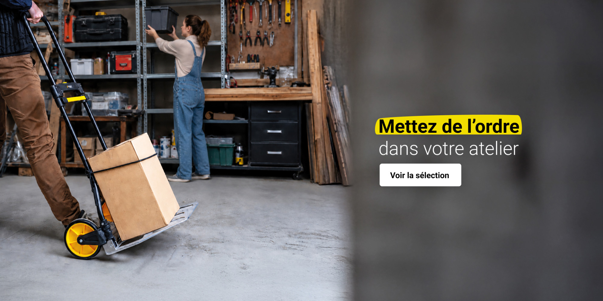 Rangement d'atelier - atelier rangé avec carton sur diable