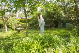 Homme débroussaille un jardin à herbes hautes